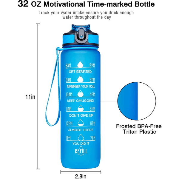 Sportsvannflaske med tidsmarkeringer, holdbar, 1 liter
