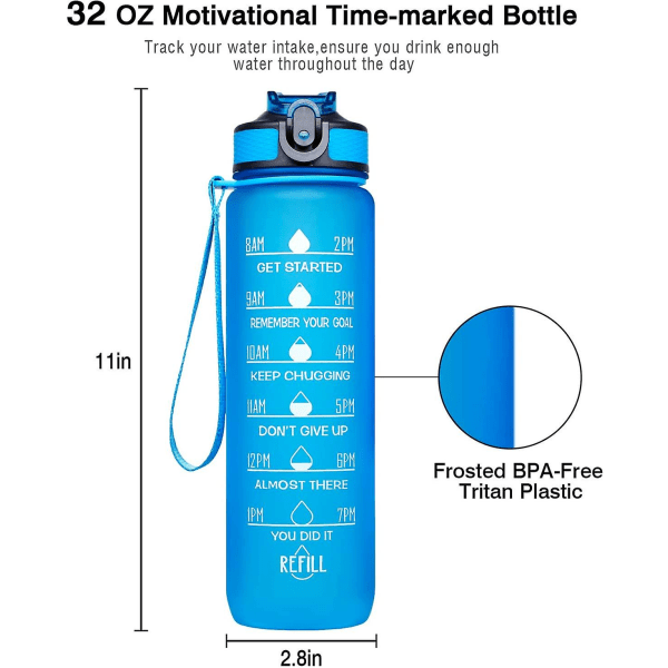 Sportsvannflaske med tidsmerker, slitesterk, 1 liter, 1 klikk åpen