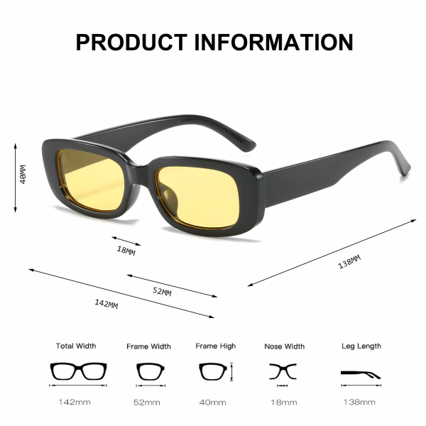 Rektangulære solbriller for kvinner Retro kjørebriller 90-talls vintage mote smal firkantet innfatning UV400-beskyttelse