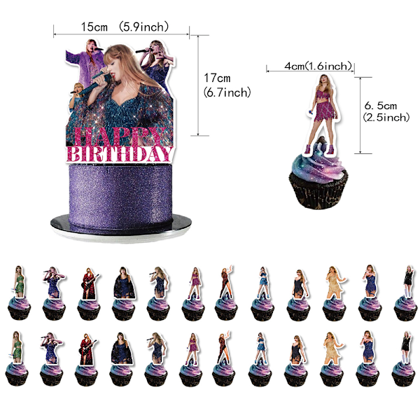 Taylor Swift Tårtdekorationer, Cupcake Toppers för Swift Födelsedagsfest Tillbehör 25PCS card