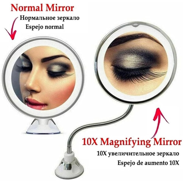 LED Makeup Spejl - 10 LED-lys - 360° drejelig - Vægmonteret - Badeværelsesspejl - Sminkspejl med svanehals og sugekop