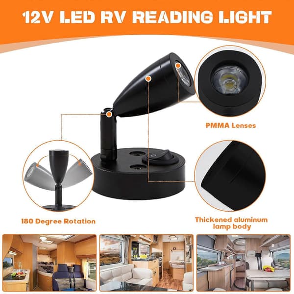 2 Pieces LED Reading Lights Spotlight 12V Dimmable Switch Wall Bedside Lamp Interior Lamp RV 6000K White for RV