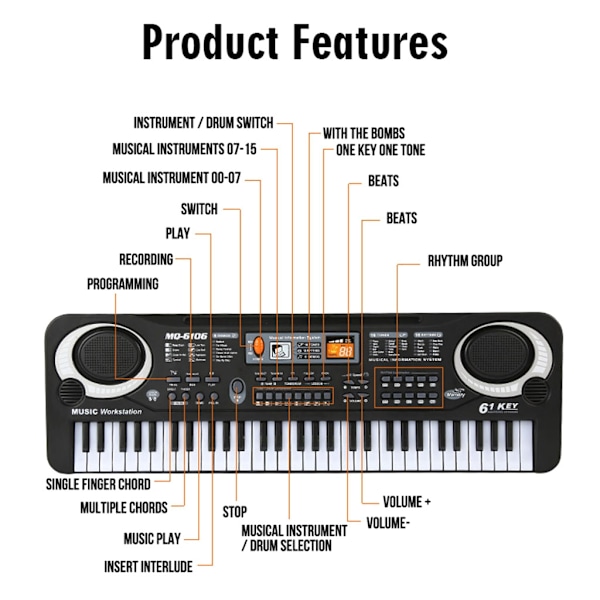 61-tangentselektroniskt orgel digitalt pianoklaviatur med mikrofon barnmusikleksak för barn - WELLNGS