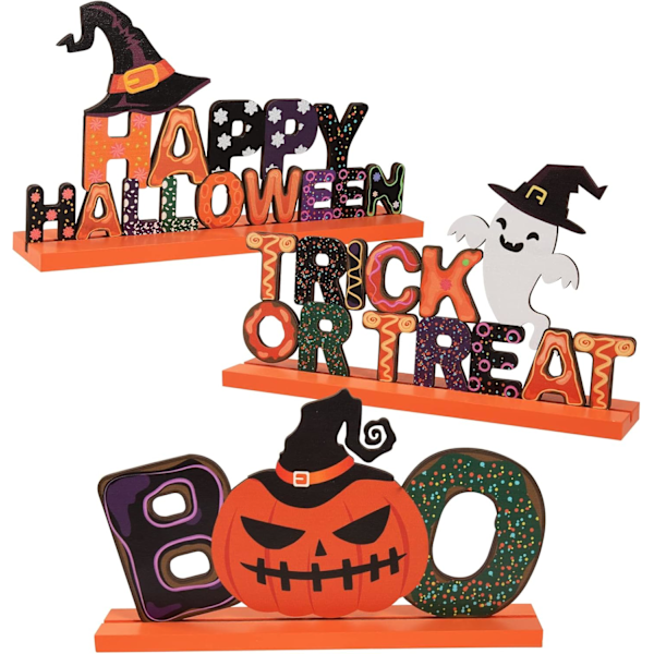 3 pcs Halloween Table Decor Wooden Centerpiece Signs- Happy Halloween Trick or Treat Boo Tabletop Signs with Witch Hat Goast Pumpkin