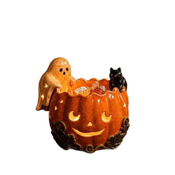 Gresskar lysestake i harpiks med spøkelseskatt, Halloween borddekorasjon, 2 størrelser S