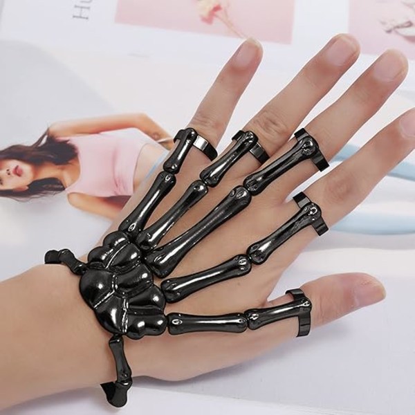 Skelett Punk Handben Skelettarmband med Ring Skalle Fingrar Armband Spökhandske Kedja för Män och Kvinnor Halloween