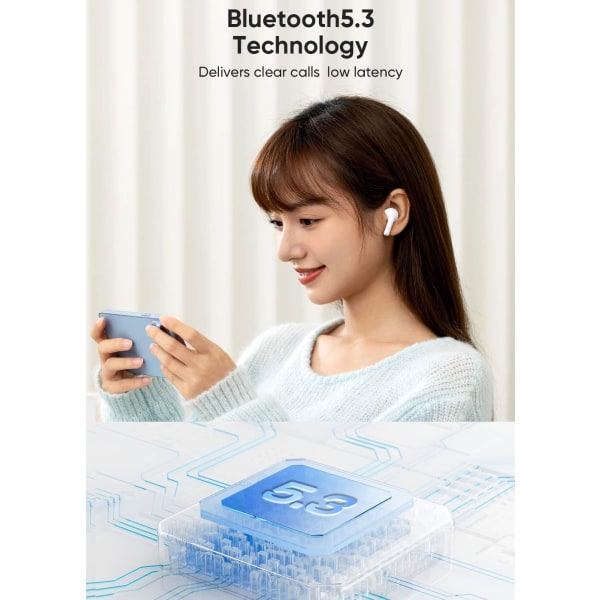 Hörlurar, Trådlösa Bluetooth-öronsnäckor, 25 timmars speltid USB C TWS Inbyggd brusreducering white