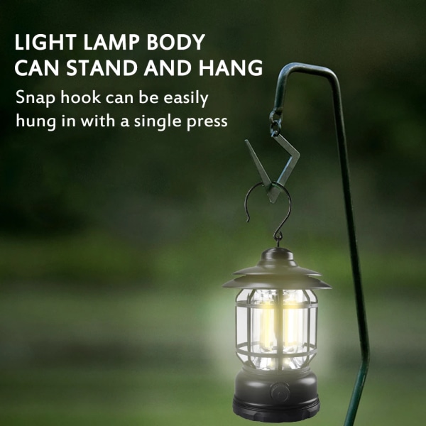 LED campinglykta hængende tältlampa Retro bærebar lampe sort black rechargeable type