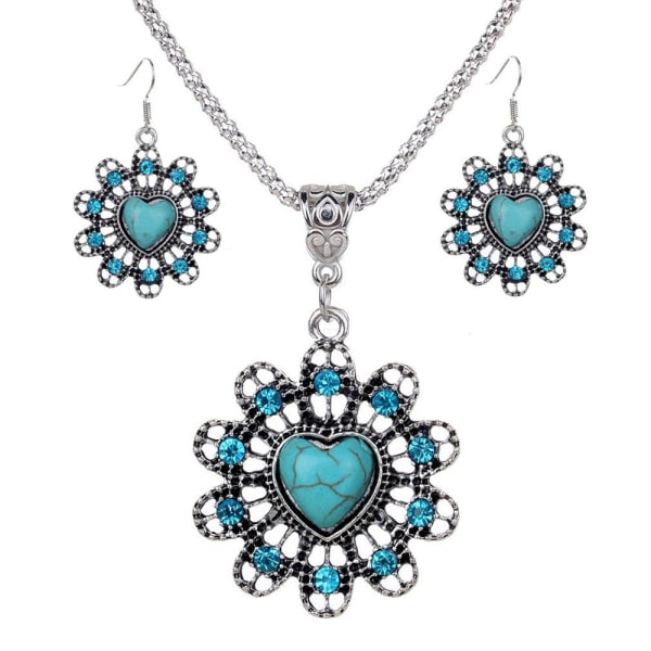 Retro ihålig kristall blomma hjärtformad imitation turkos halsband örhängen smycken set