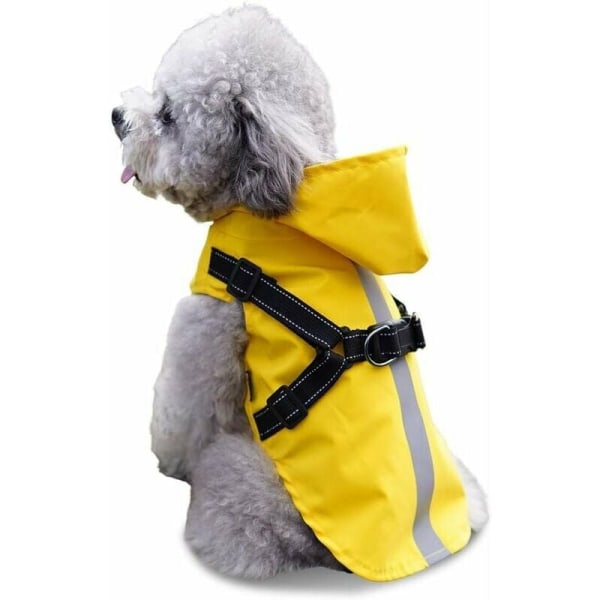 Regnrock för hund med sele, 100 % ultralätt regnrock med huva, reflekterande regnrock för små medelstora hundar, gul M