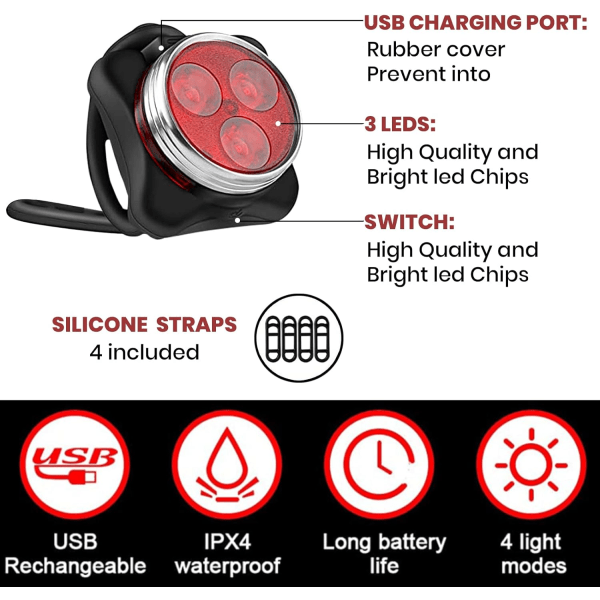 Set front and rear - Superbright USB rechargeable bike light, 4 mode options - Water and dirt resistant, LED light for safety and easy installation