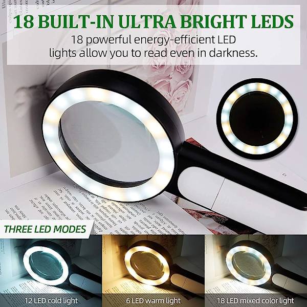 30X forstørrelsesglas med 18 LED-lys, læseforstørrelsesglas med lys til læsning, urmager, hobby, håndværk, mønter, frimærker, smykker
