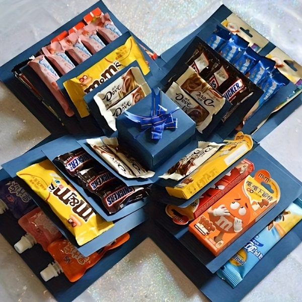 Overraskelsesgaveboks Deluxe - Pop-up Festgaveemballasje med Lokk og Eksplosjonseffekt for Bursdager, Bryllup, Forlovelser og Spesielle Anledninger Blue (excluding snacks)