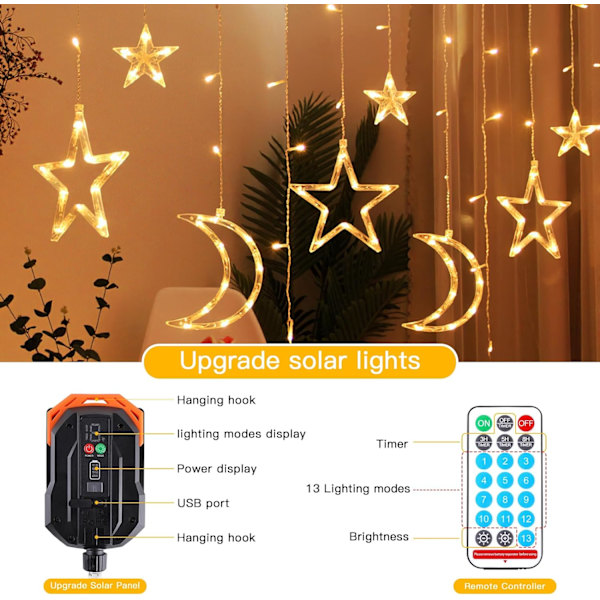 Aurinkopaneelit ulkona Ramadan-koristeet Kuut Tähdet Valot 138LED Aurinko String Valot Ulkona