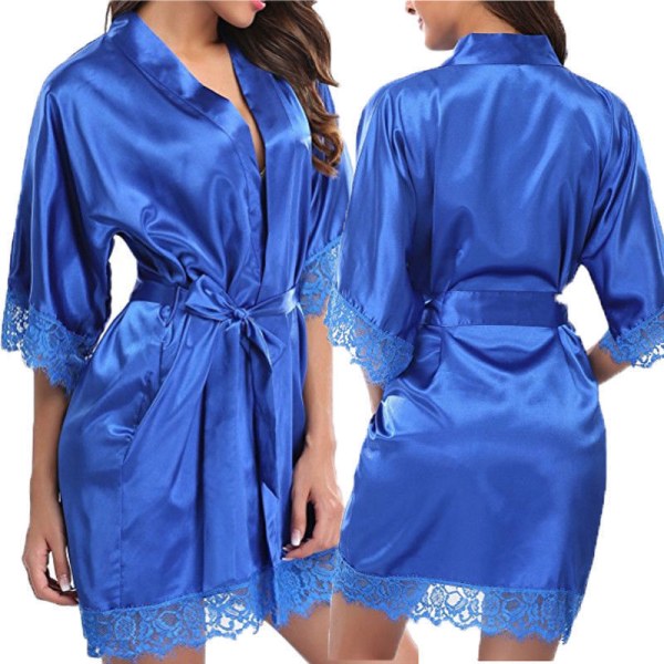 Damunderkläder Robe, Satin Sovkläder Spets Kimono Sexiga sidenrockar Blue Blue XXL