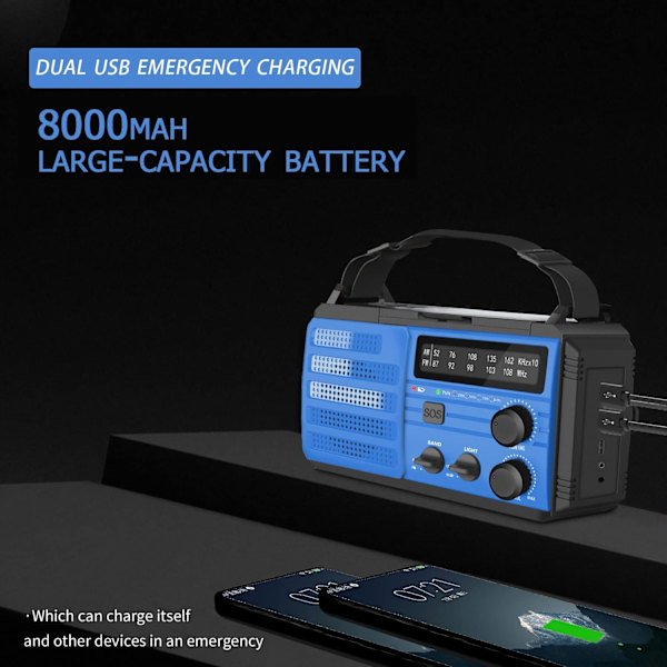 Vind Op Nød-Svingradio, 8000mAh-Solenergi Håndsvingbar Bærbar AM/FM/NOAA Vejrradio Sol