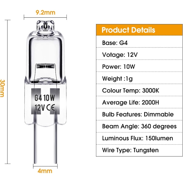 G4 halogenpærer 10W 12V - Varmt hvitt - 20-pakning 10W 10W 10W 20pcs