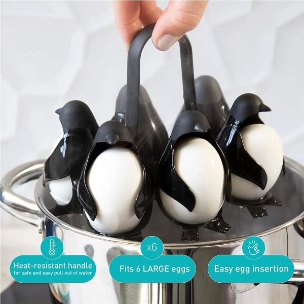 Pingvin-formet eggkoker, eggverktøy og dingser Eggholder, krypskytter, rommer 6 egg for enkel matlaging og kjøleskapsoppbevaring 3 i 1