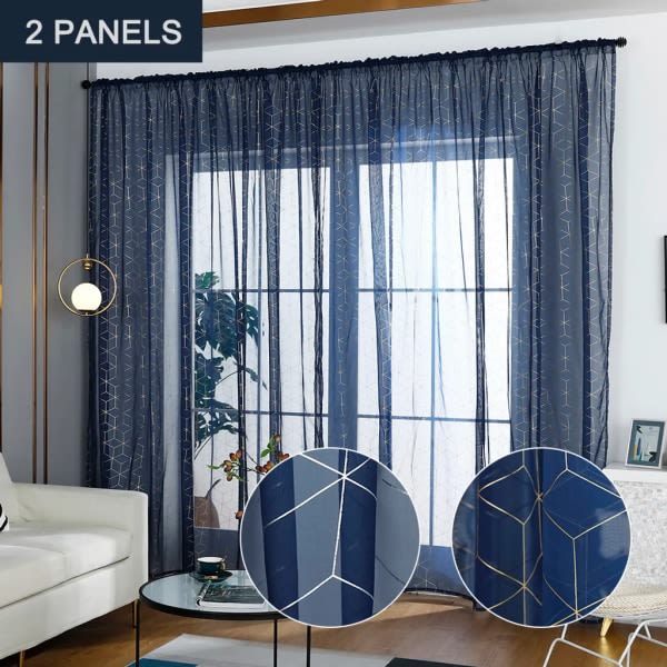 Semi-transparente gardinstang-lomme blendingsgardiner for stue/soverom sett med 2 (39"B x 78"L, mørkeblå)