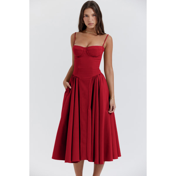 Ny fransk vintage lang kjole i paladsstil remkjole pige rød S