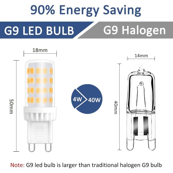 Himmennettävä G9 LED-lamppu, 4W vastaa 40W halogeenia, 480 LM, lämmin valkoinen 3000K, vakio G9-kanta, 360° pyörimiskulma 6-pakkauksella