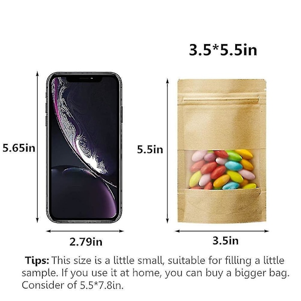 100 st Kraftpåsar med Fönster Stående Ziplock Förslutning Papperspåse, Matförvaringspåse - 9*14cm