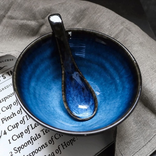 Japansk stil blå keramisk suppeske Retro Ramen skål suppeske risske kreativ ske