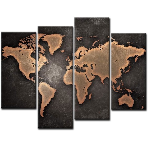 World map pictures canvas 4 piecesbillede brune vægbilleder (rammeløse)