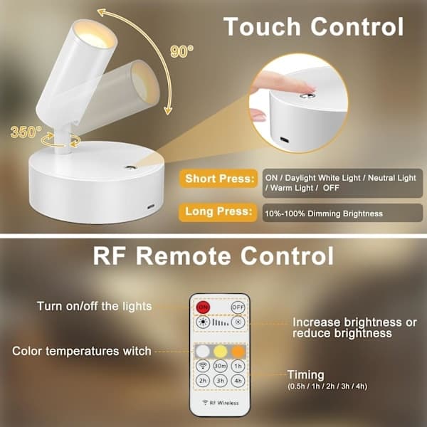 Indoor Spotlight, Rechargeable Indoor Plant Light, Wireless LED Accent Lamp with Timer and Dimmer, Battery-Powered Accent Lamp