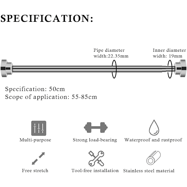 50-85cm Retractable Duschstång Ingen Borrning Duschstång Rostfritt Stål Duschstång för Duschkabin Balkongdörr