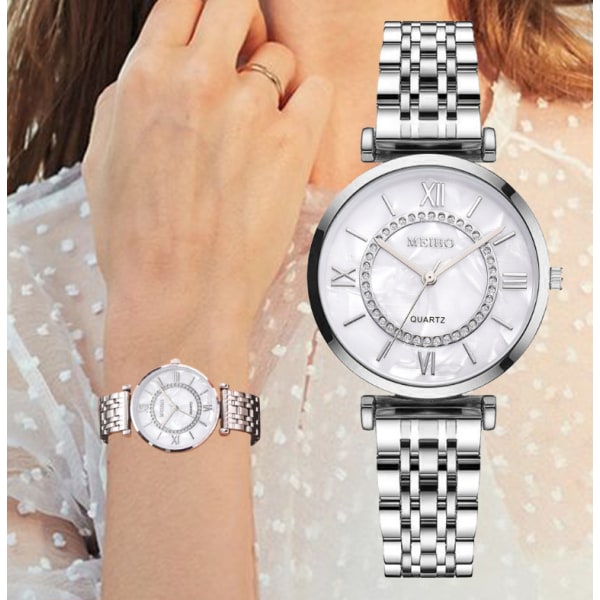 Mote armbåndsur i krystallstål for kvinner, kvartsklokke, diamantklokke, toppmerke
