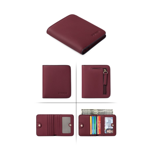 Liten kompakt bifold-luksus lommebok i ekte skinn for damer Minipung for kvinner med ID-vindu (rødvin)