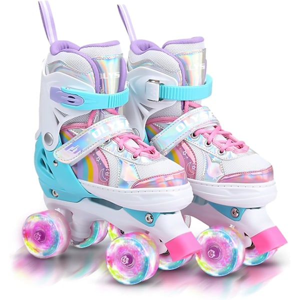 Rulleskøjter til børn, 8 lysende hjul og 4 justerbare størrelser, Quad-skøjter med opbevaringstaske, dobbelte rækker pink rulleskøjter Size 27-30