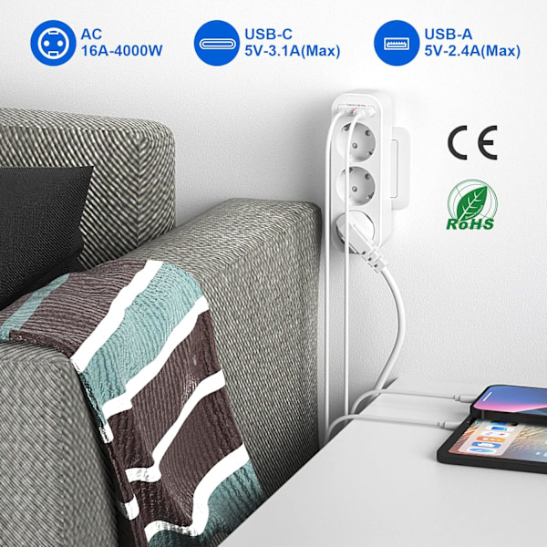 Strømadapter med 2 USB-ladere, trippel stikkontakt, vegglader, flere stikkontakter, hvit