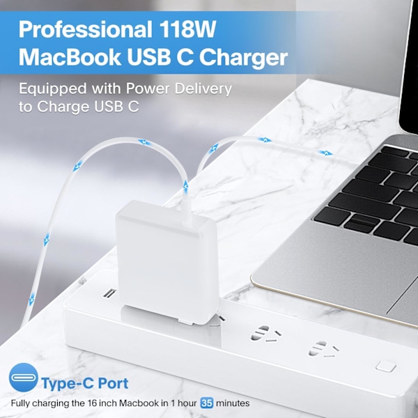 Lader - 118W USB-C Lader Rask Lading Kompatibel med USB-C Port MacBook Pro/Air, iPad Pro, Samsung Galaxy og Alle USB-C Enheter