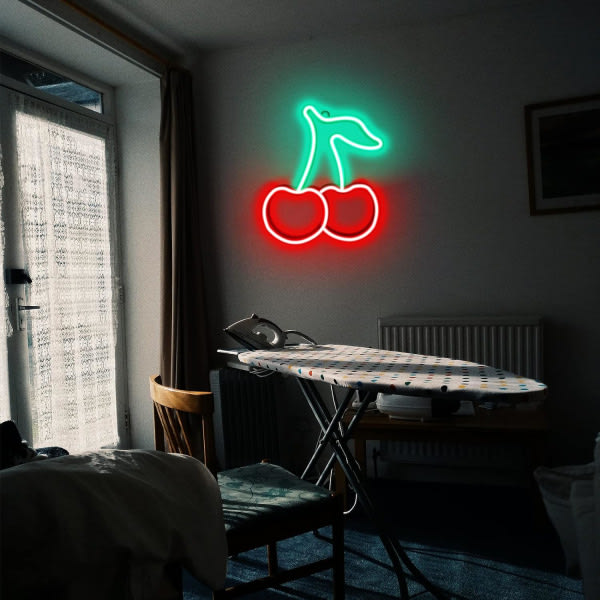 Rödgrön körsbärsneonljus, körsbärsneonskyltar för väggdekoration, LED-skyltar för söta frukter för barnrum, restaurang, bar, fruktaffär, hemgrönt+rött