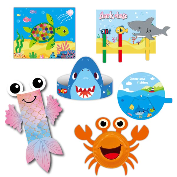 Barnpysselkit Havs-tecknade Djur Papperstallrikar Påsar Handdockor Pom-Pom SG-03 Ocean Suit