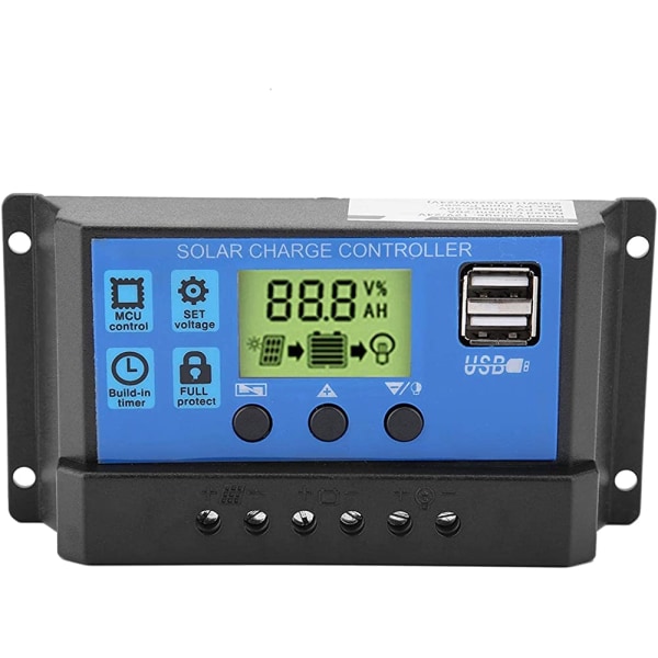 12V/24V PWM regulator ladekontroller Solpanel ladekontroller med dobbel USB og LCD-skjerm 10A/20A/30A(YJSS-10A)
