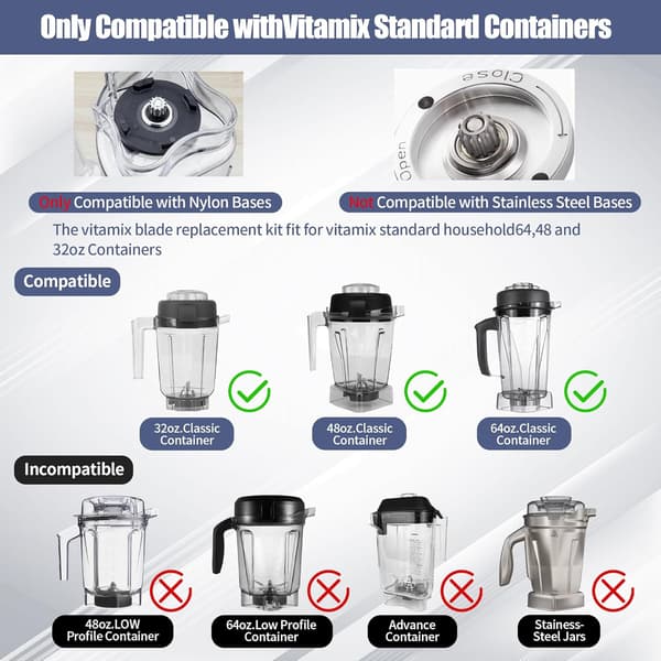 Blenderbladbytesdelar kompatibla med Vitamix våtblad för 5200 5000 Pro 500 5500 Standard 64oz 48oz 32oz behållare torrt blad