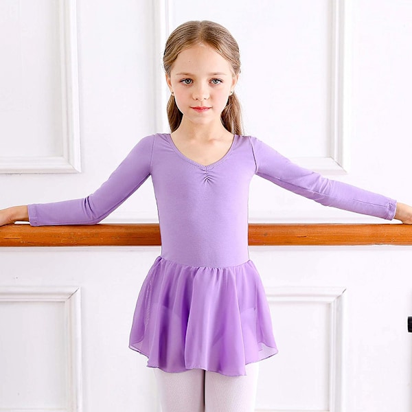 Pige Ballerina Langærmet Leotard Danse Tutu Kjole Lilla Purple 160 cm