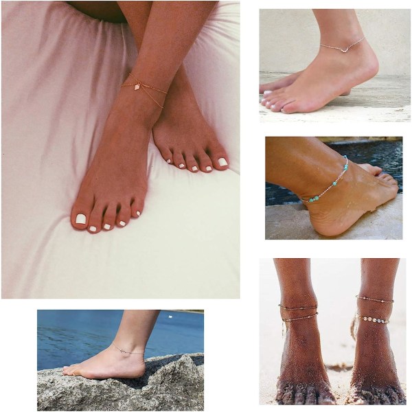 16 st fotledsarmband för kvinnor flickor guld silver två stil kedja strand fotled armband smycken ankel set, justerbar storlek