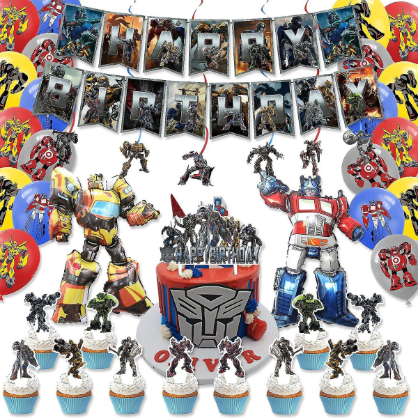 Transformers-teemainen Onnea Syntymäpäiväksi -ilmapallosetti lateksiilmapalloilla, lippu- ja kakkukoristeilla juhlan koristeluun