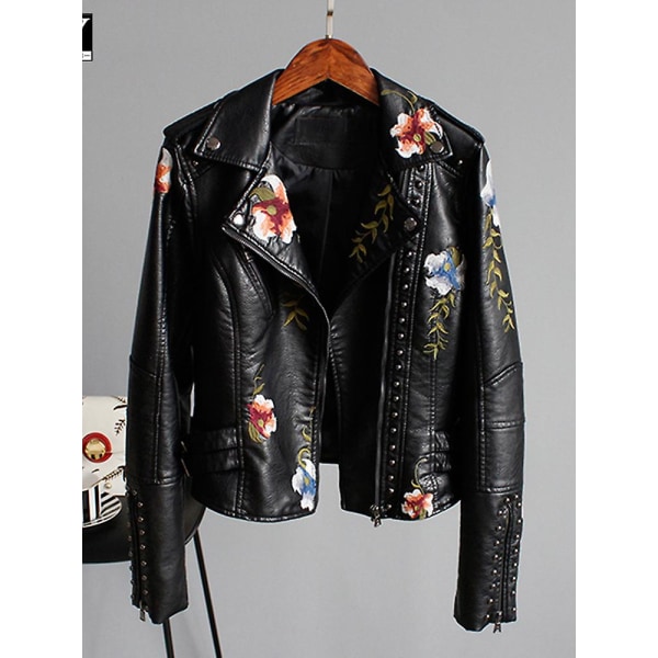 Floral mønster print imiteret blød læderjakke kvinder pu motorcykel frakke kvinde sort punk lynlås nitte overtøj sort Black XL