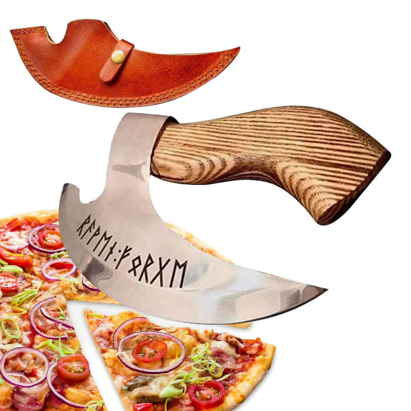 Viking pizza yxa, vintage handtag, rostfritt stål graverade runor köksredskap med slida