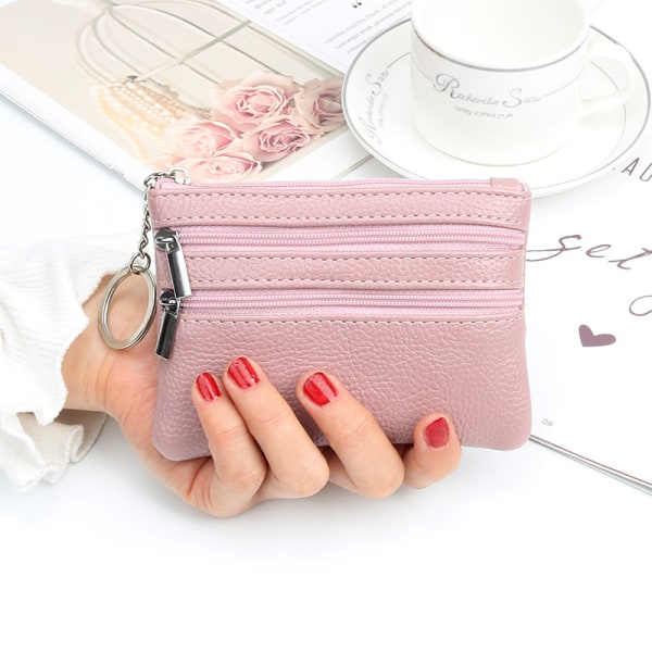 Myntvesker i ekte skinn for kvinner Mini-pung-byttelommebok med nøkkelring og glidelås Mini-lommebok, rosa
