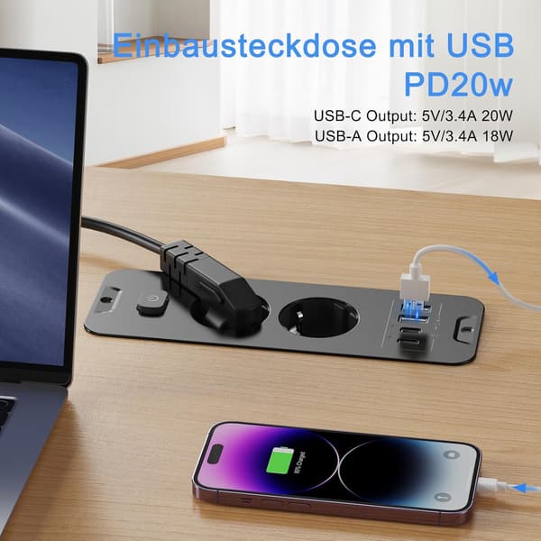 2-vejs udtræk - 2-vejs med 2 USB, bordstik med 2 USB C, 2 afbrydere, 2 M kabel sort 2-dobbelt udtræk sort 2-fold udtræk black 2-fold withdrawal,black