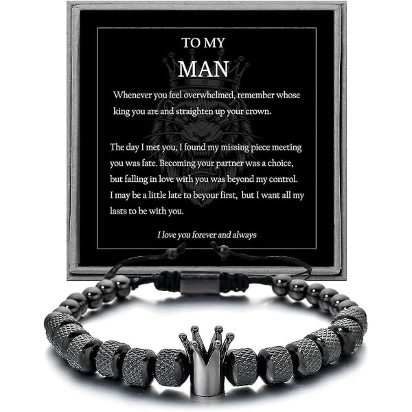 To My Man Armband - Räta ut din krona för pojkvän make Justerbar pärla för män Rostfritt krona årsjubileum