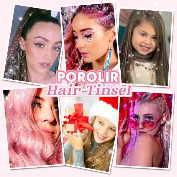 Clip in Hair Tinsel Kit, Pack om 6 Glitter Fairy Tinsel Hair Extensions 20 Tum Glansigt Hårfärg Värmebeständigt (Silver)