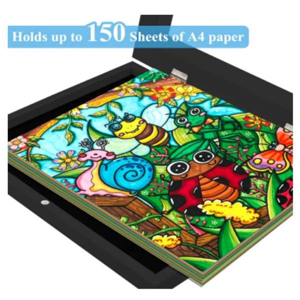 Plastfotoramme +10x A4-papir & 12-farger DIY-pigment + 2x kunstverksett, visningsramme for barn, svart A4-fotoramme for 50-150 kunstverk