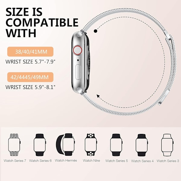 Metalliremmui yhteensopiva Apple Watch -rannekkeen kanssa 40 mm 38 mm 41 mm Hopea -WELLNGS Hopea Silver 42/44/45/49mm
